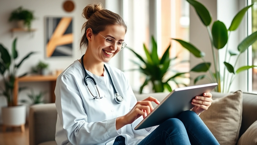 Woman smiling while viewing medical records on tablet in bright, modern living room with plants and natural lighting, relaxed wellness environment
