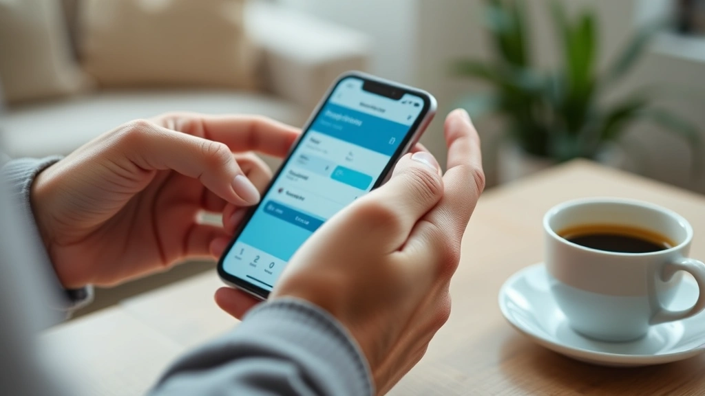 Close-up of hands using smartphone to schedule doctor appointment through healthcare portal app, warm indoor setting with coffee cup nearby
