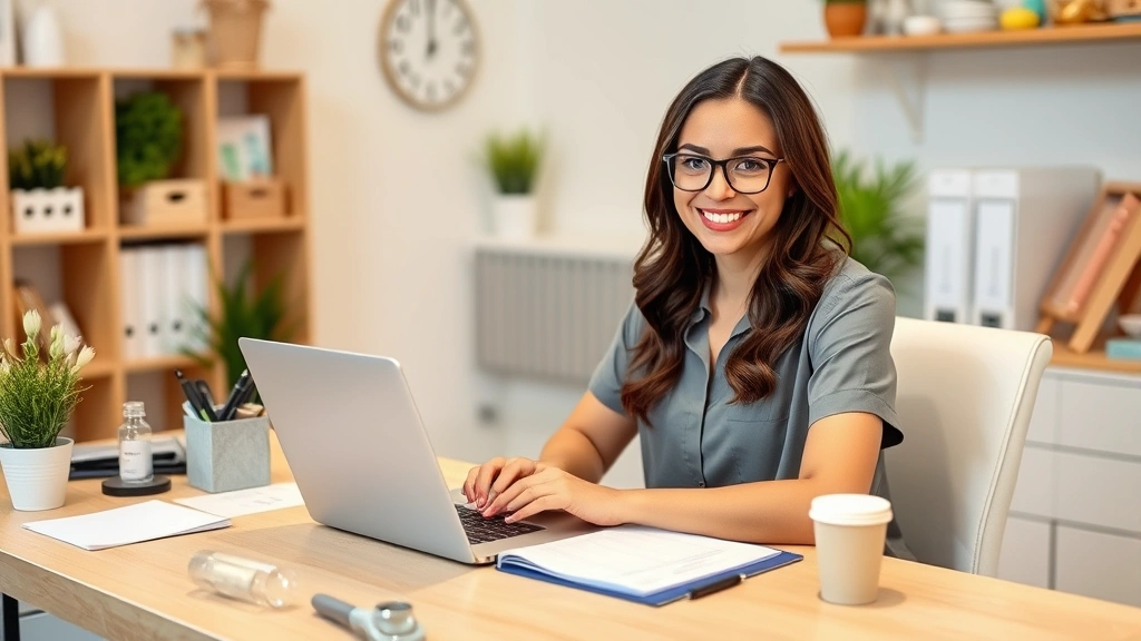 Professional woman checking lab results on laptop at home office desk, organized workspace with wellness items, confident health-conscious expression