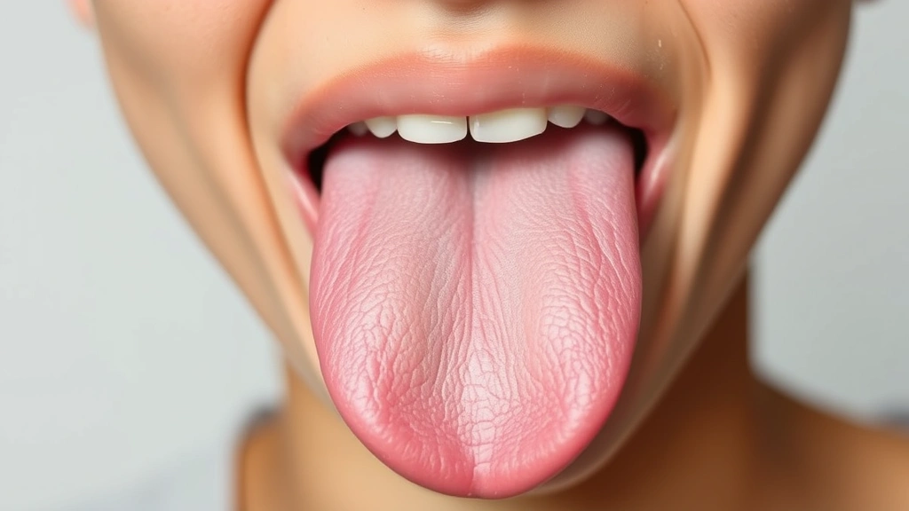Close-up of a healthy pink tongue with normal papillae texture, person sticking tongue out against neutral background, natural morning lighting, clear and vibrant