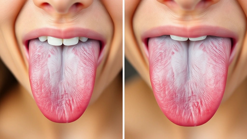 Split-screen comparison showing healthy tongue on left versus concerning tongue with white coating on right, educational wellness photography, professional medical aesthetics