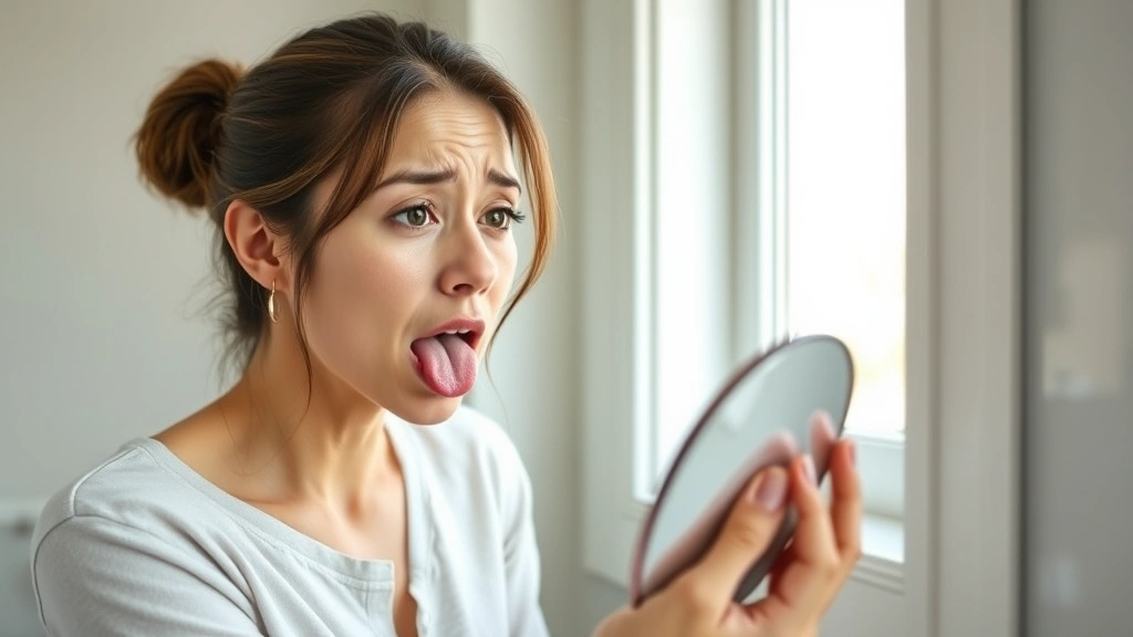 Woman examining her tongue in bathroom mirror with concerned expression, holding mirror, natural daylight through window, realistic lifestyle wellness moment