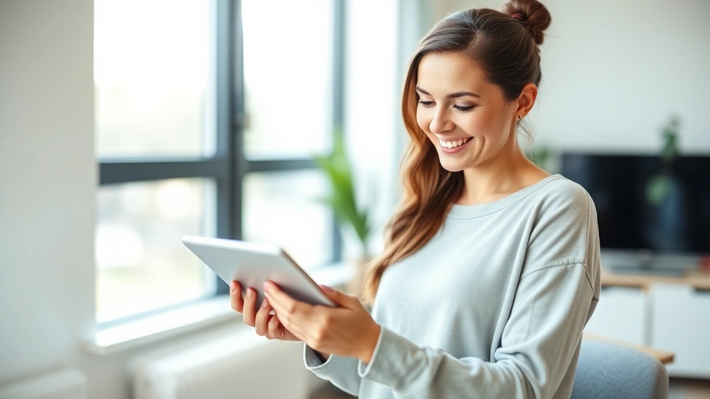 Woman reviewing personalized health metrics on modern tablet device in bright home office, smiling with confidence, natural lighting streaming through window, wellness-focused aesthetic
