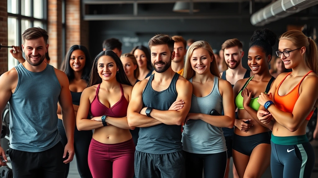 Diverse group of people in gym setting using health tracking wearables, displaying various fitness levels and body types, energetic and motivational atmosphere, natural light