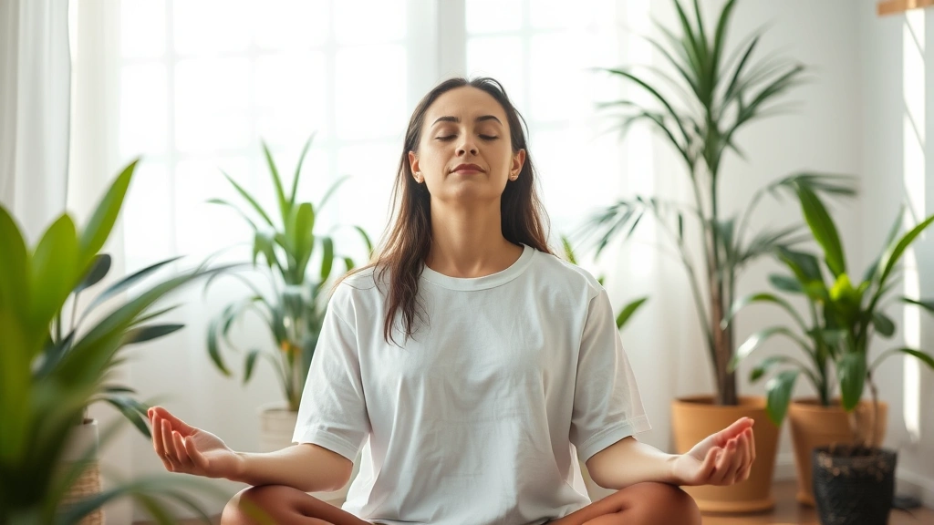 Person meditating peacefully in calm home environment with plants, soft natural light, showing mental wellness and stress reduction, serene expression