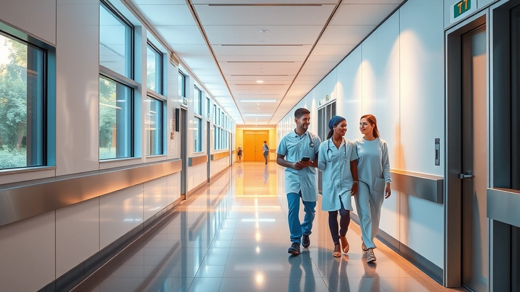 Modern hospital corridor with warm lighting, medical professionals walking together, welcoming healthcare environment, clean contemporary architecture, soft natural light streaming through windows, peaceful healing atmosphere