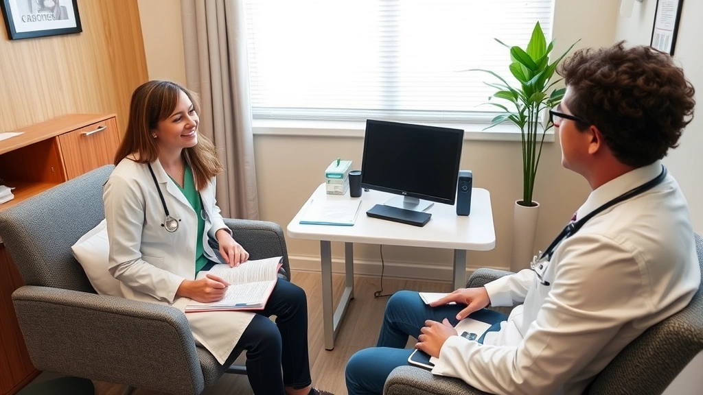 Patient consultation room with doctor and patient discussing treatment plan, comfortable seating, medical charts on desk, warm professional environment, trust-building interaction, modern healthcare setting