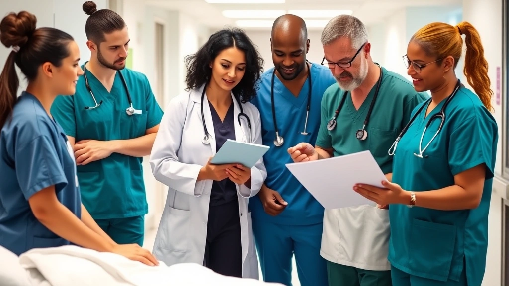 Diverse healthcare team collaborating in hospital setting, nurses and doctors reviewing patient information, teamwork in modern medical facility, professional medical environment, compassionate care demonstration