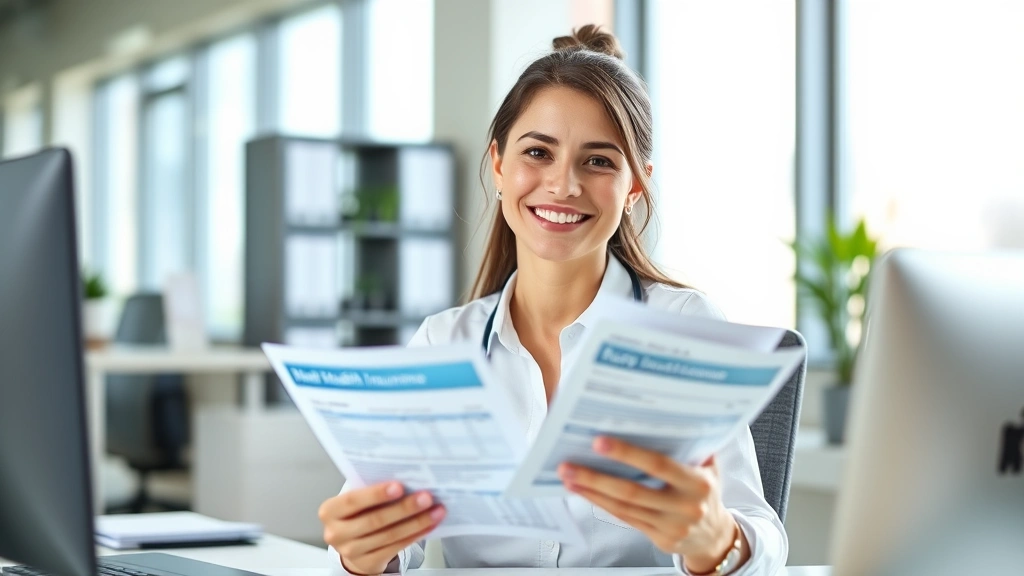 Young professional woman smiling at her desk holding health insurance documents, bright natural lighting, modern office environment, confident expression showing healthcare accessibility