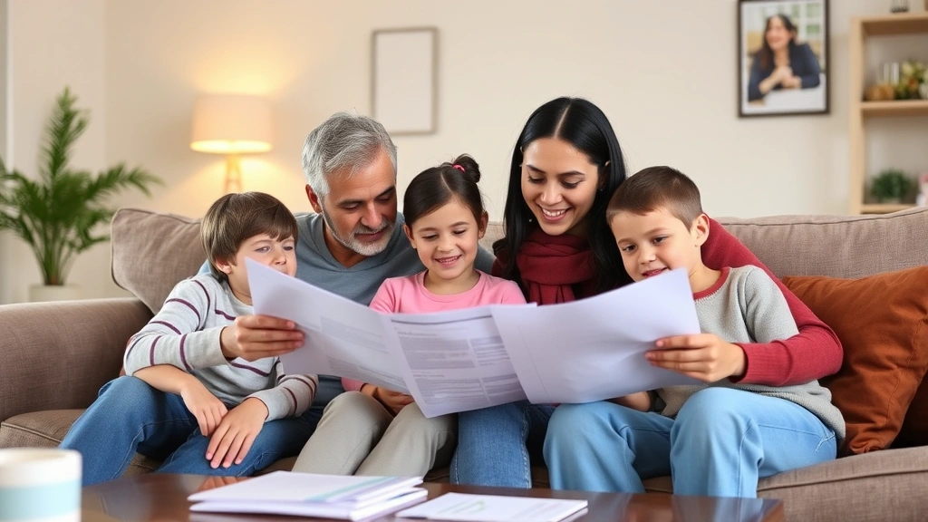 Diverse family of four sitting together reviewing medical paperwork at home, warm living room setting, relaxed atmosphere, parents and children looking at healthcare plan documents