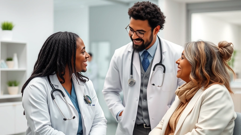 Doctor and patient having friendly consultation in modern clinic, diverse healthcare provider and patient discussing treatment options, bright medical office, warm professional interaction