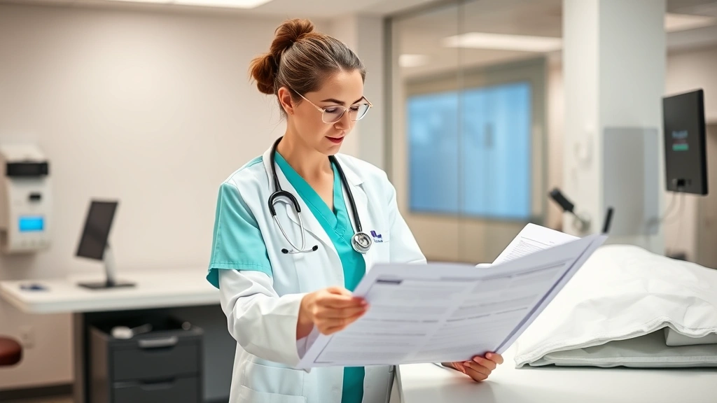 Physician and nurse reviewing patient charts at nursing station, modern healthcare environment, collaborative clinical teamwork, contemporary medical technology visible in background