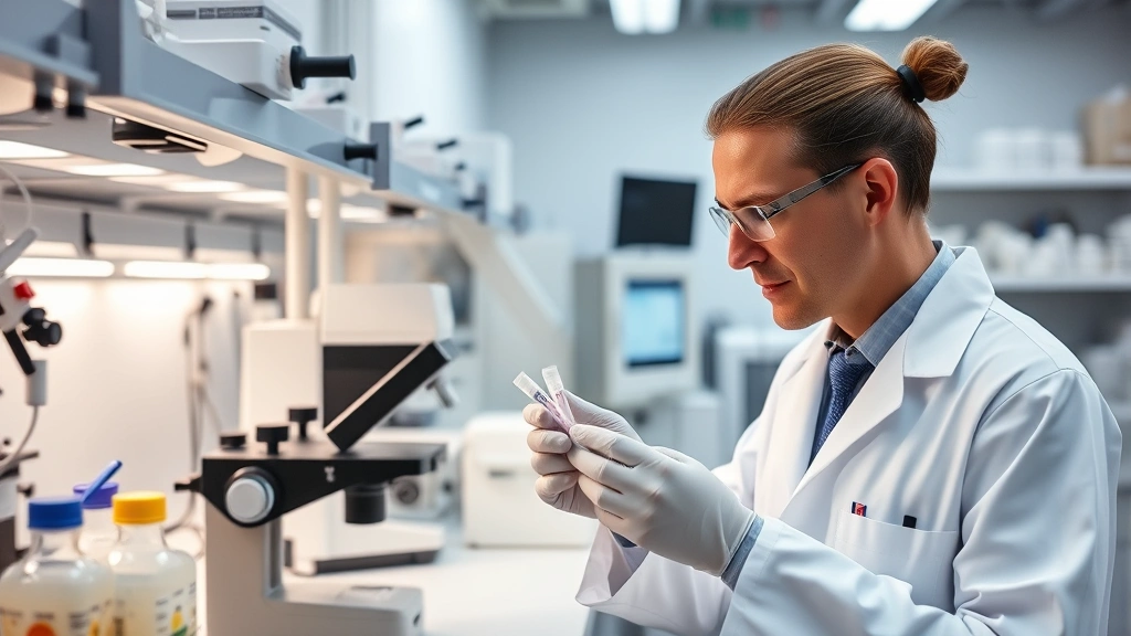 Research scientist examining samples in state-of-the-art laboratory, advanced medical equipment and technology, focused professional in white coat, modern research facility setting