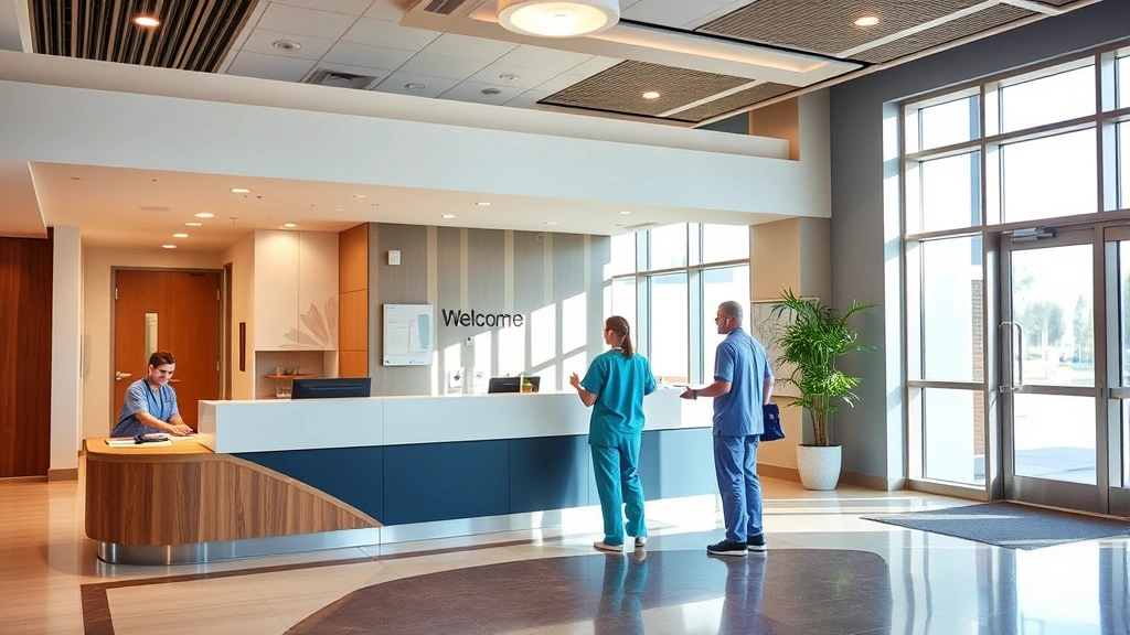 Modern hospital lobby with welcoming reception desk, healthcare professionals in scrubs collaborating near a bright window, warm natural lighting, Connecticut medical center setting, contemporary healthcare environment