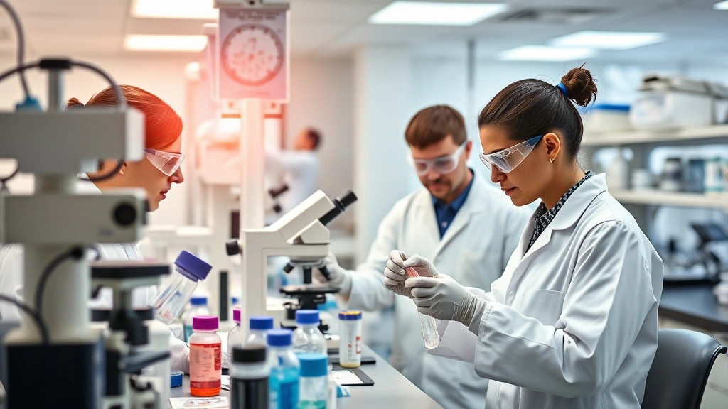 Hospital research laboratory with scientists examining samples, state-of-the-art medical equipment, focused professional atmosphere, academic medical center innovation, breakthrough healthcare research in progress