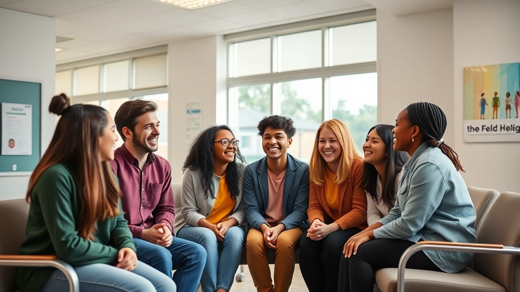 Young diverse students laughing together in bright, modern health clinic waiting room with welcoming design, natural light streaming through windows, comfortable seating, health posters on walls