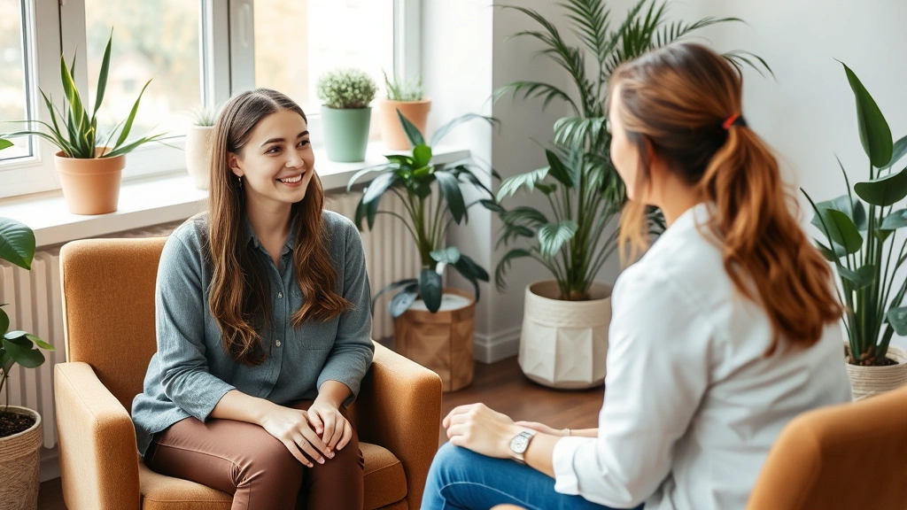 Female college student in counseling session with female therapist, warm office setting with plants, comfortable chairs, natural lighting, both smiling, creating safe therapeutic space