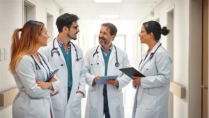 Professional healthcare team in white coats collaborating during medical rounds in modern bright hospital corridor with natural lighting