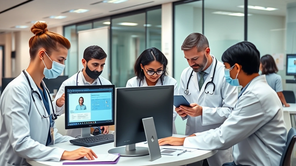 Diverse medical professionals reviewing electronic health records on computers in contemporary hospital office with glass walls and modern design