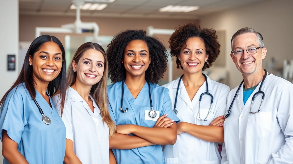 Healthcare workers of different ethnicities smiling while standing together in modern clinical setting with medical equipment visible in background