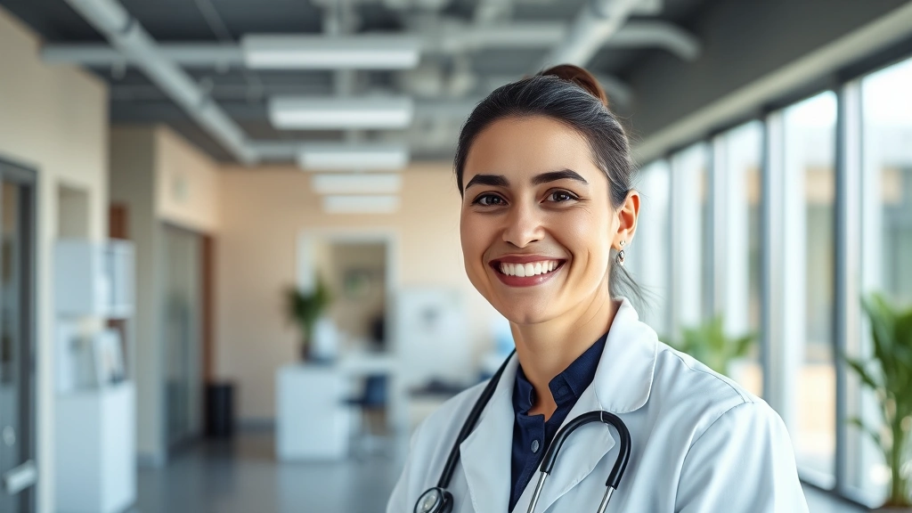 Professional healthcare worker in white coat smiling at modern medical facility, natural lighting, confident posture, contemporary office environment