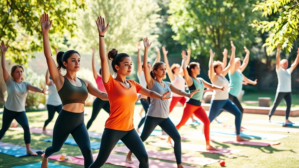 Diverse employees participating in outdoor fitness class in natural sunlight, yoga mats visible, healthy and energetic atmosphere, wellness focus