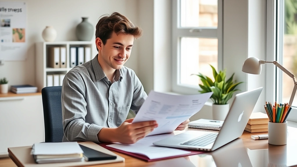 Young professional reviewing financial documents at desk with laptop, organized workspace, wellness and planning theme, natural daylight from window