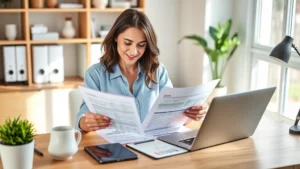 Professional woman reviewing financial documents and HSA statements at modern home office desk with coffee and laptop, natural lighting, organized workspace