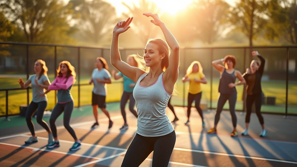 Diverse group of people exercising at outdoor fitness facility in morning sunlight, representing wellness and health investment, active lifestyle photography