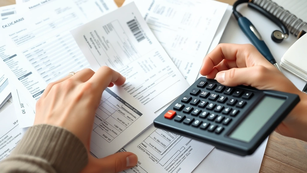 Close-up of hands reviewing medical bills and receipts with calculator and organized filing system, financial planning and healthcare expense management