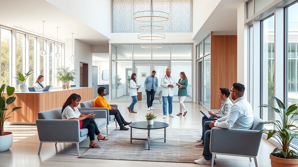 Modern healthcare facility lobby with welcoming reception area, natural lighting through large windows, comfortable seating, diverse patients and staff interacting warmly, contemporary medical office design with calming colors and plants