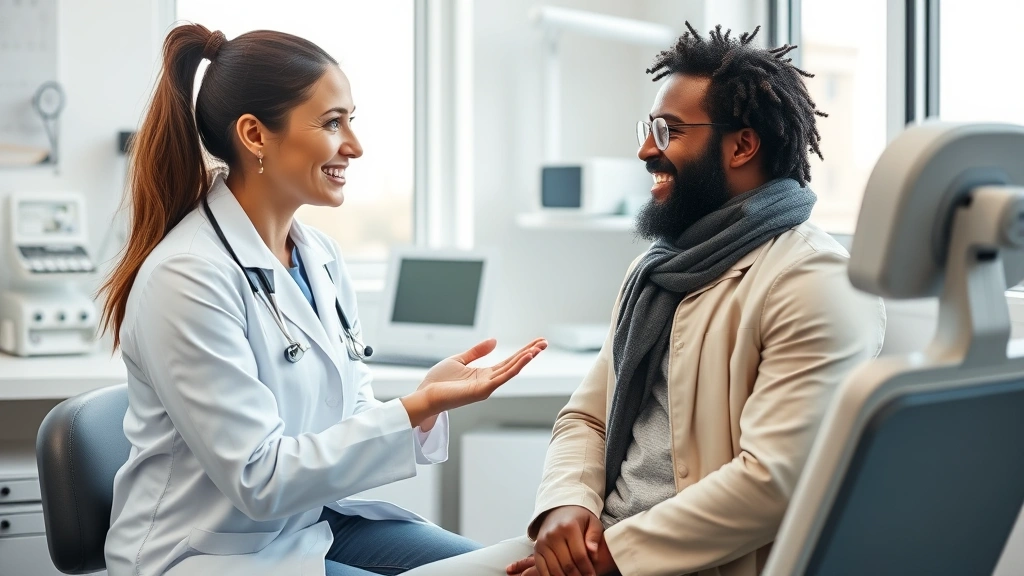 Professional healthcare provider in white coat consulting with patient in examination room, warm interaction, modern medical equipment visible, both smiling, natural window light, diverse representation, trustworthy clinical setting