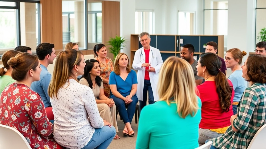 Community health seminar or wellness class with diverse group of people engaged in discussion, healthy lifestyle focus, medical professional presenting, modern facility background, inclusive and supportive atmosphere