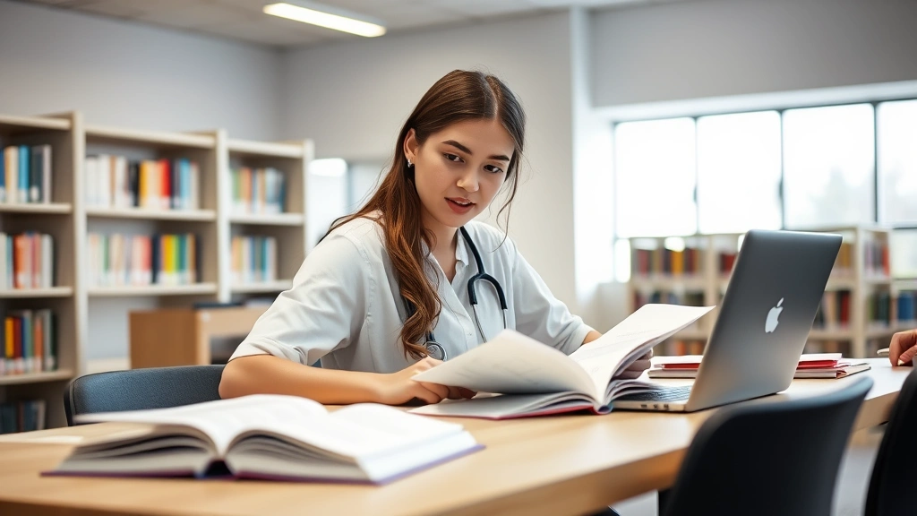 Young female health sciences student studying at a modern library desk surrounded by open textbooks, laptop, and research notes, natural window light, focused expression, contemporary educational environment