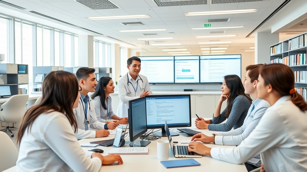Professional medical librarian assisting diverse group of graduate students at a collaborative research table with multiple monitors displaying scientific databases, engaged discussion, modern healthcare facility