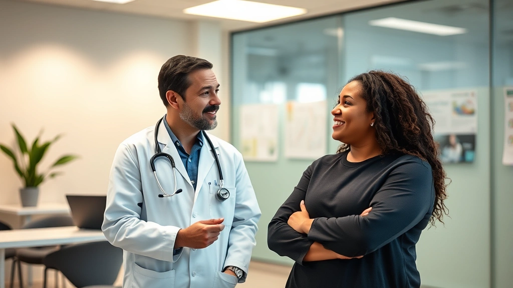 Professional healthcare worker consulting with diverse union member in modern clinic office, warm lighting, genuine conversation, confident body language, contemporary medical setting with visible health charts