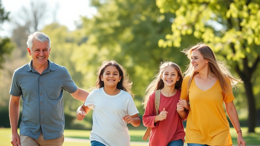 Family of four enjoying outdoor wellness activity, parents and children smiling while walking in park, natural sunlight, healthy lifestyle representation, diverse representation, peaceful environment