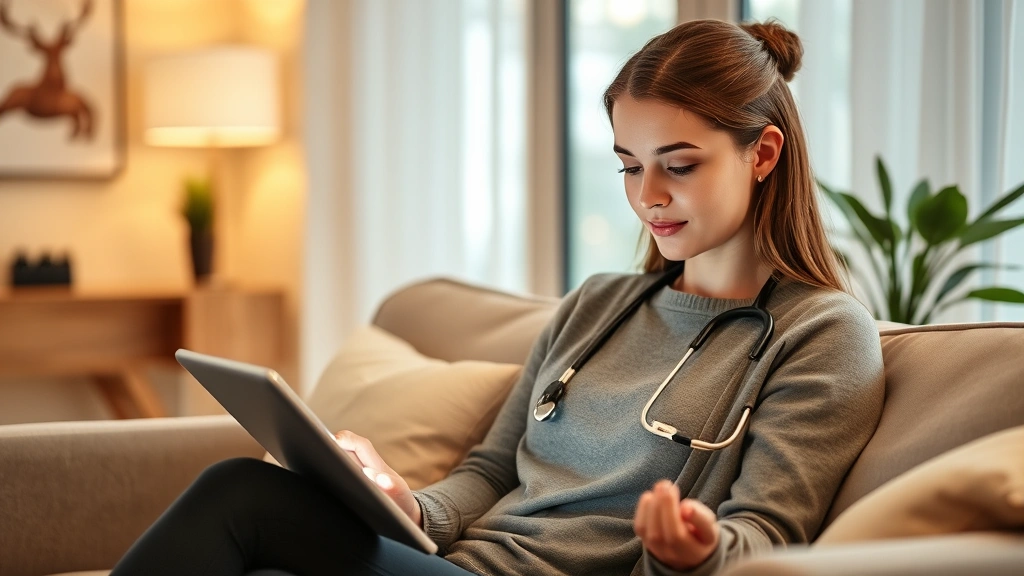 Woman accessing healthcare through digital tablet in comfortable home setting, modern wellness technology, relaxed posture, warm interior lighting, contemporary lifestyle, healthcare accessibility