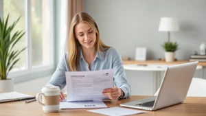 Professional woman reviewing health insurance documents and UCard at modern home office desk with laptop and coffee mug