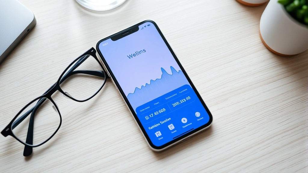 Modern smartphone displaying healthcare app with wellness metrics, sitting on light wooden desk with glasses and water bottle nearby