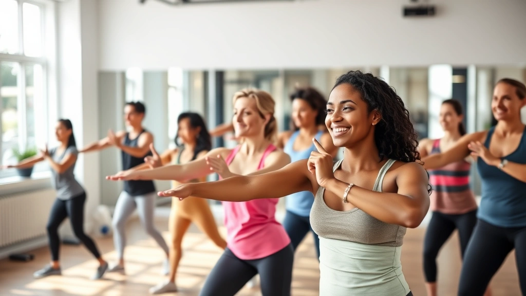 Diverse group of people exercising in bright fitness studio with natural light, smiling and engaged in group workout class