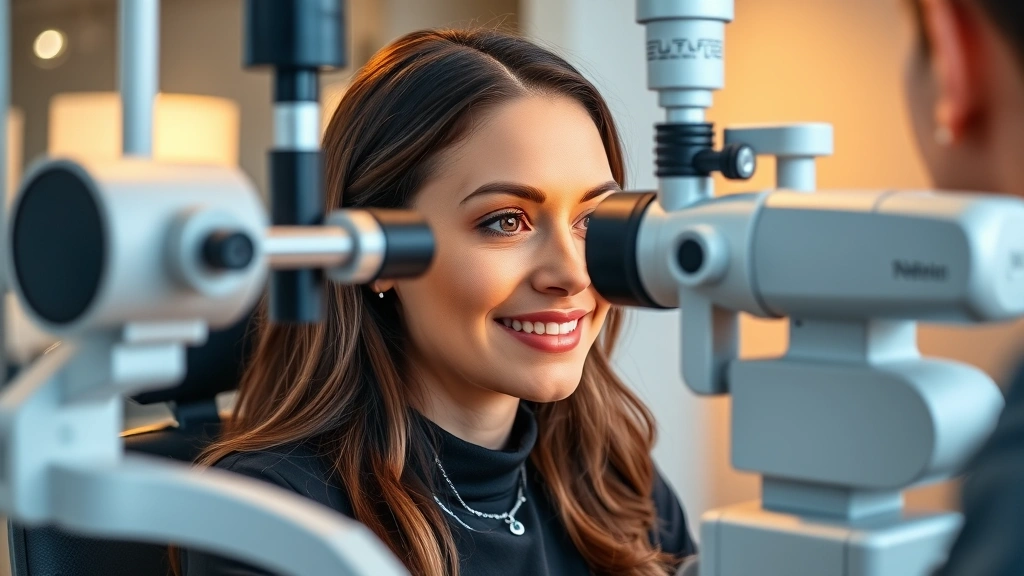 Professional woman in modern office getting comprehensive eye exam with advanced optical equipment, warm lighting, modern clinic setting, confident expression