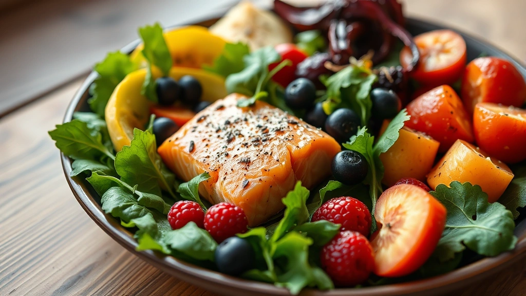 Close-up of healthy colorful meal with leafy greens, salmon, berries, and vegetables on wooden table, natural daylight, vibrant food photography, wellness lifestyle