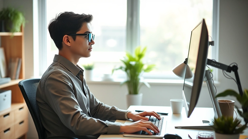 Young professional at desk using computer with proper ergonomic setup, blue light glasses, daylight streaming through window, comfortable workspace, healthy posture