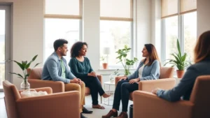 Modern behavioral health therapy session in bright, welcoming office with comfortable seating, natural light streaming through windows, diverse therapist and client in relaxed conversation, warm color palette, plants visible, professional yet comfortable atmosphere