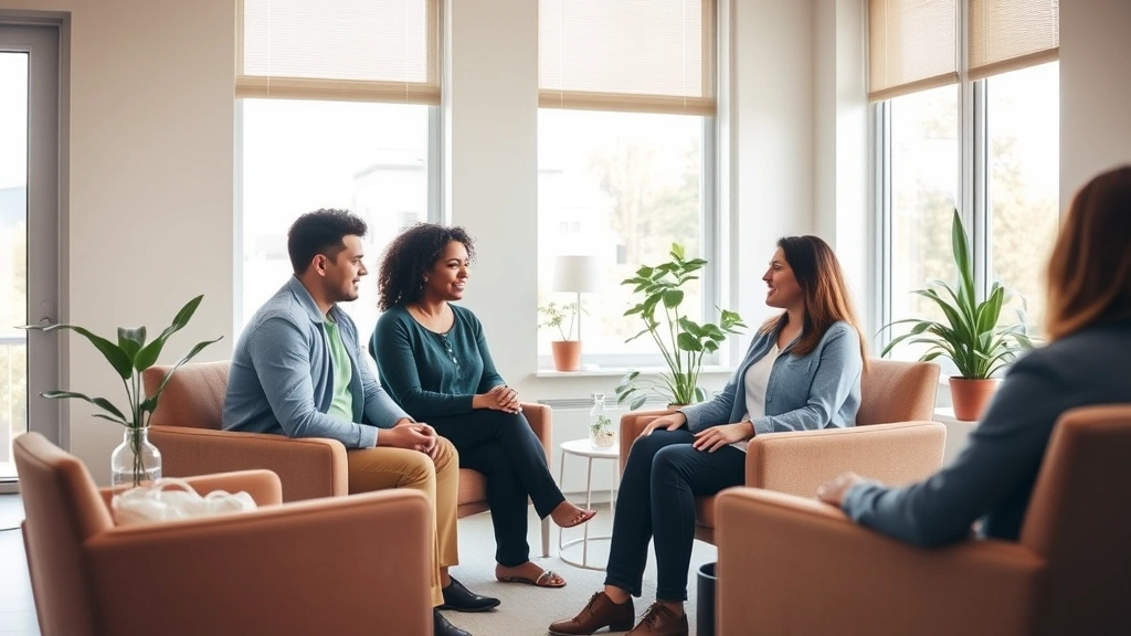 Modern behavioral health therapy session in bright, welcoming office with comfortable seating, natural light streaming through windows, diverse therapist and client in relaxed conversation, warm color palette, plants visible, professional yet comfortable atmosphere