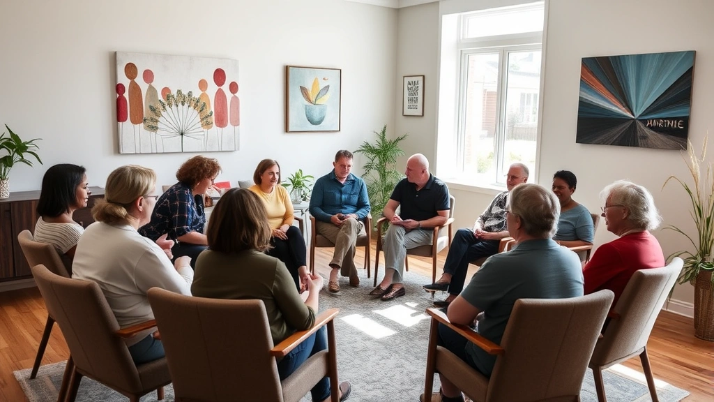 Group therapy circle in community wellness center with diverse participants sitting in comfortable chairs, facilitator taking notes, supportive environment, sunlit room with inspirational artwork, genuine human connection and engagement visible