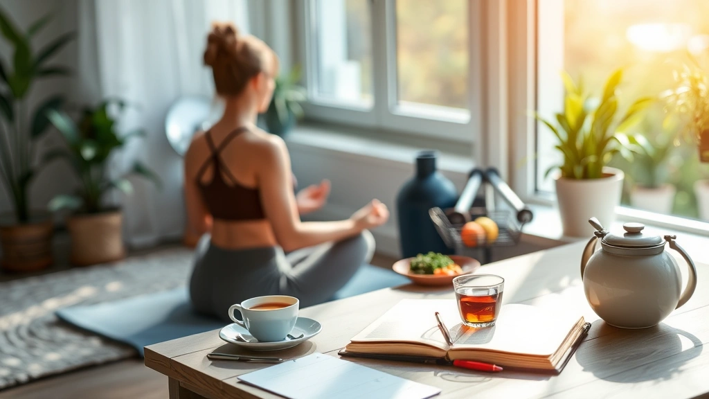 Wellness integration lifestyle scene showing person meditating by window with tea, healthy meal prep in background, fitness equipment nearby, journal and wellness planner on table, peaceful morning light, holistic health and balance theme