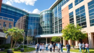 Modern medical campus building exterior with glass and steel architecture, students and healthcare professionals walking between buildings, sunny San Antonio day, vibrant and welcoming atmosphere