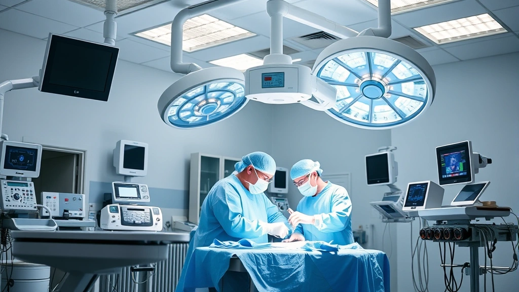 State-of-the-art operating room with surgical team performing procedure, advanced medical equipment, bright professional lighting, focused and collaborative medical environment